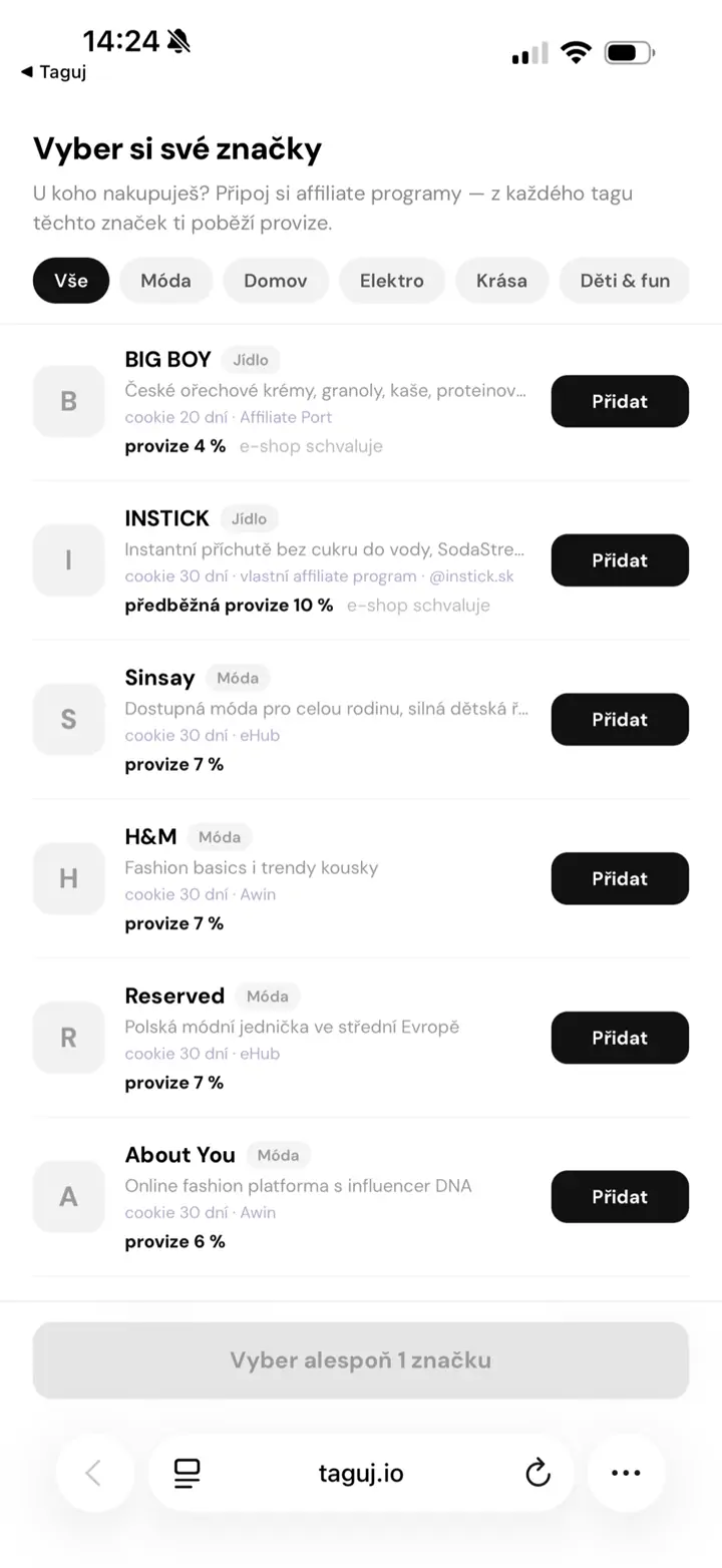 Výběr značek a affiliate programů v aplikaci Taguj