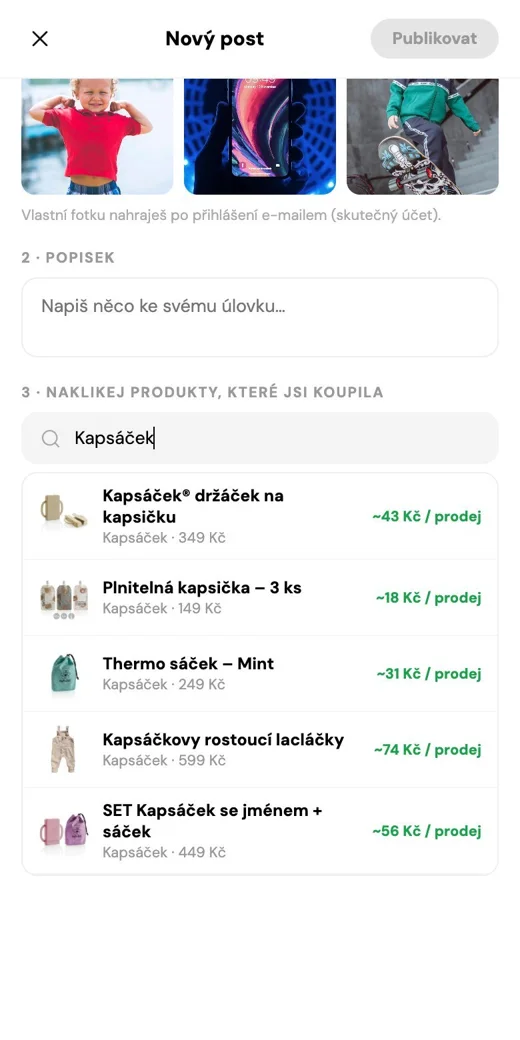 Tvorba postu — u každého produktu vidíš, kolik vyděláš