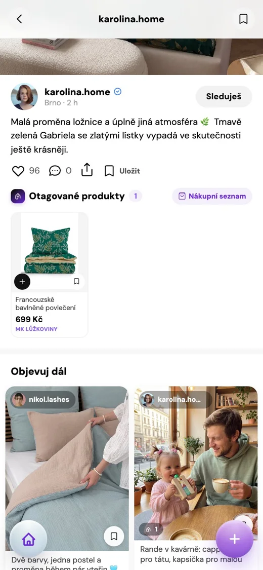 Detail postu s otagovanými produkty v aplikaci Taguj